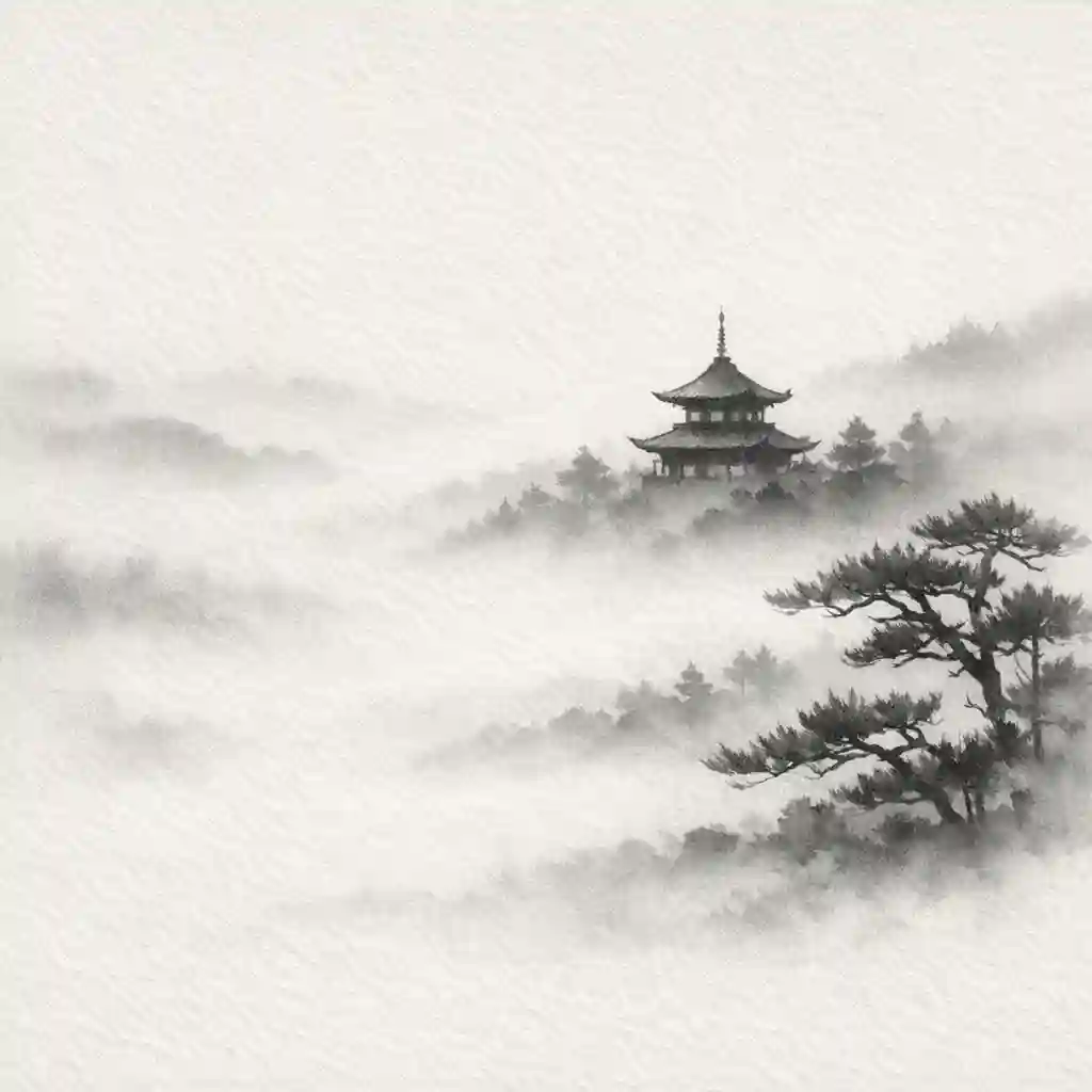 ink wash temple