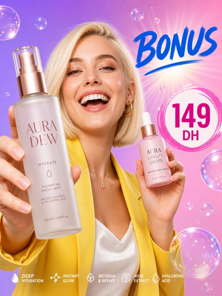 Aura Dew beauty ad showing a woman holding hydrating mist and serum on a lavender and pink gradient background, featuring a BONUS label and a 149 DH price tag.