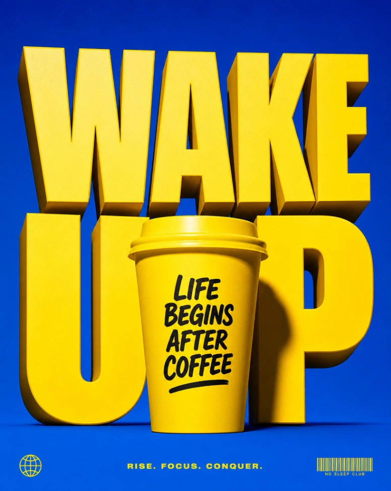 Bold 3D typography wake up coffee cup pop-art AI marketing poster