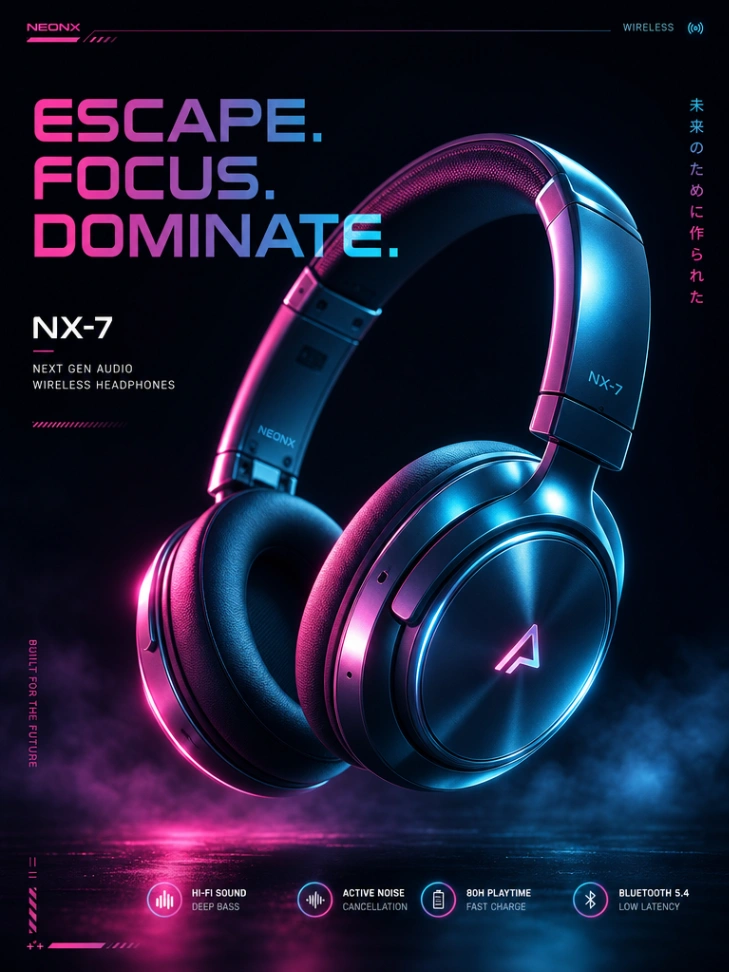 Cyberpunk style wireless headphones glowing neon lighting AI product poster