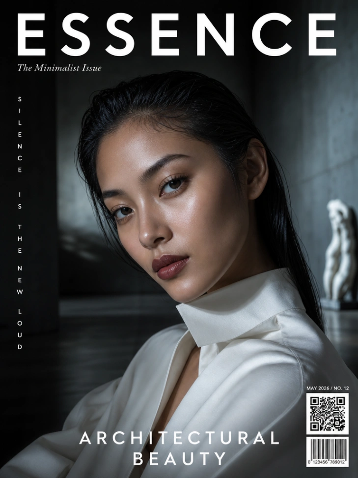 GPT Image 2 - Essence Magazine Cover: Ultra-realistic cinematic portrait of elegant woman in white silk shirt with dramatic chiaroscuro lighting