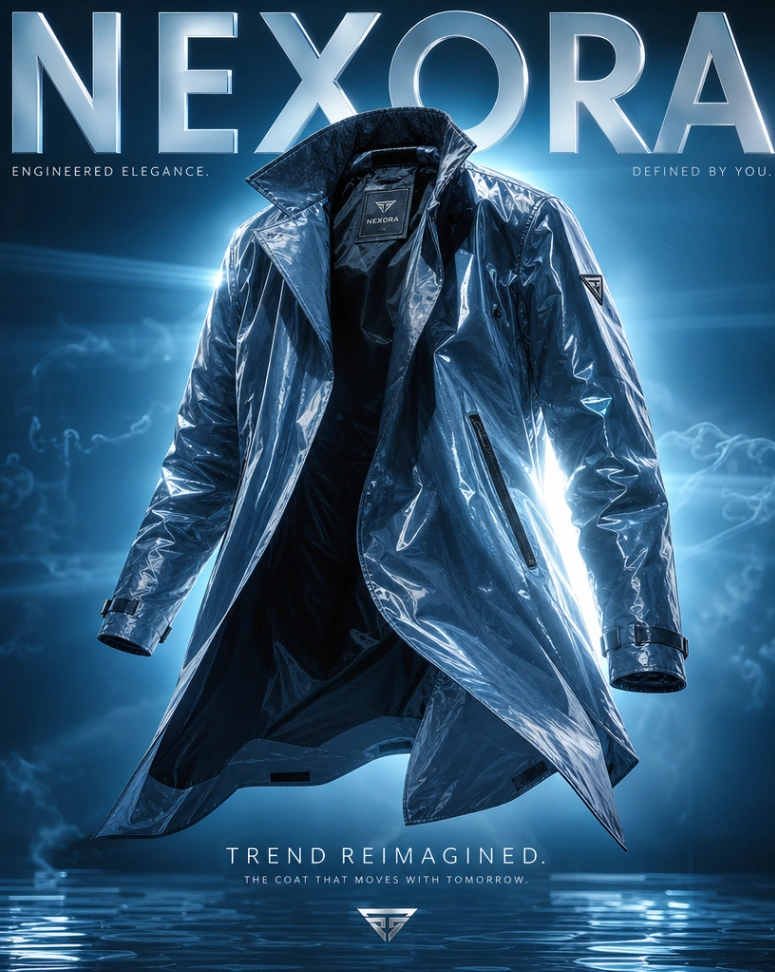 GPT Image 2 generated world-class luxury advertising poster featuring a floating Trendy Coat with light blue dramatic lighting and editorial typography