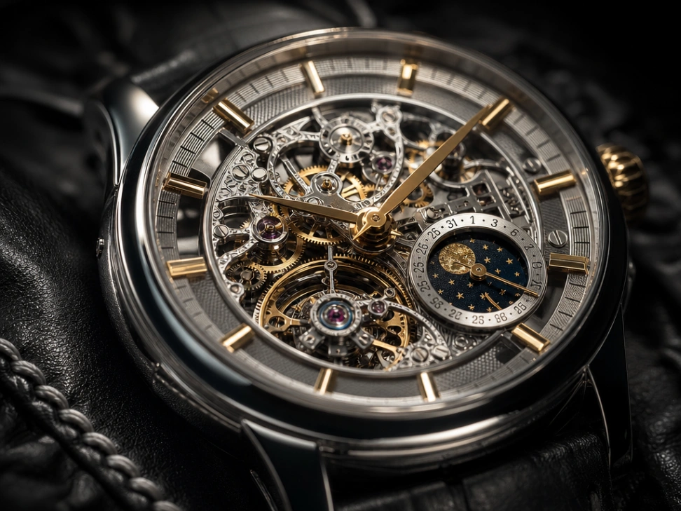 Luxury mechanical watch macro close-up chiaroscuro lighting AI jewelry poster