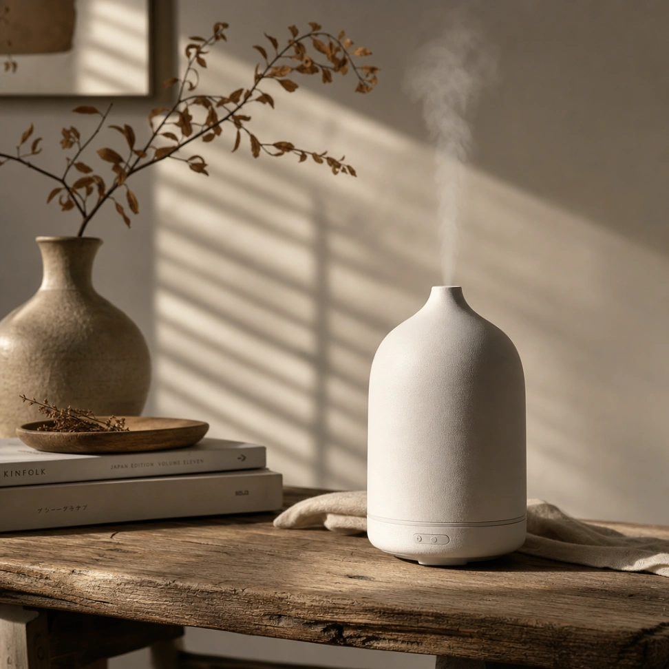 Wabi-sabi ceramic aromatherapy diffuser natural sunlight AI home decor poster