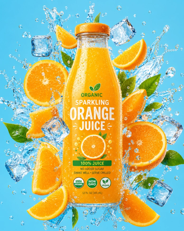 Vibrant sparkling orange juice bottle splash pop-art AI beverage poster