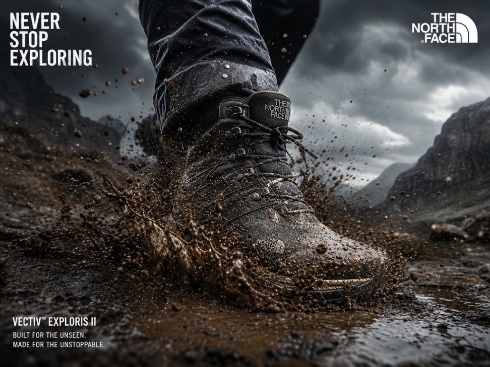 Rugged hiking boot mud splash high-speed photography AI sports poster