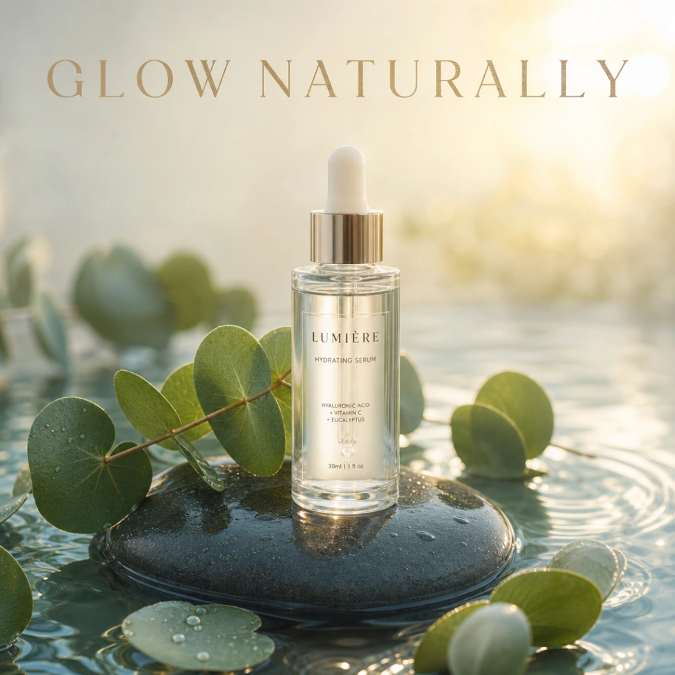 Minimalist skincare serum bottle on wet stone AI campaign poster