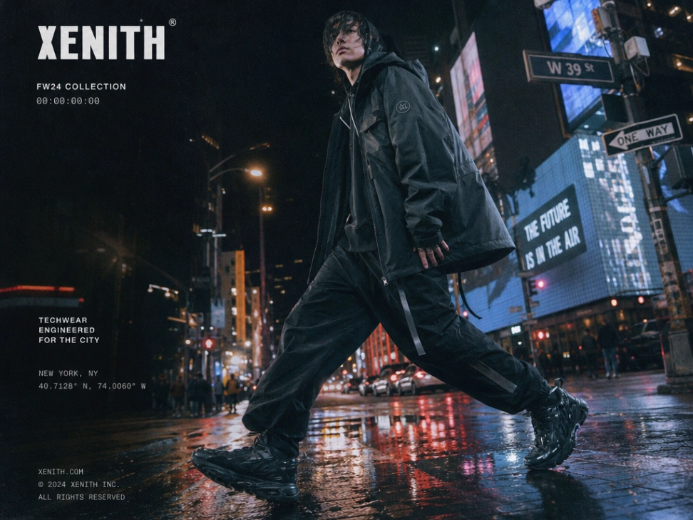 Dynamic streetwear fashion techwear jacket 35mm film photography AI poster