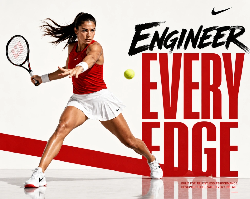 GPT Image 2 - Cinematic Tennis Campaign: Elite female athlete mid-forehand swing with "ENGINEER EVERY EDGE" typography