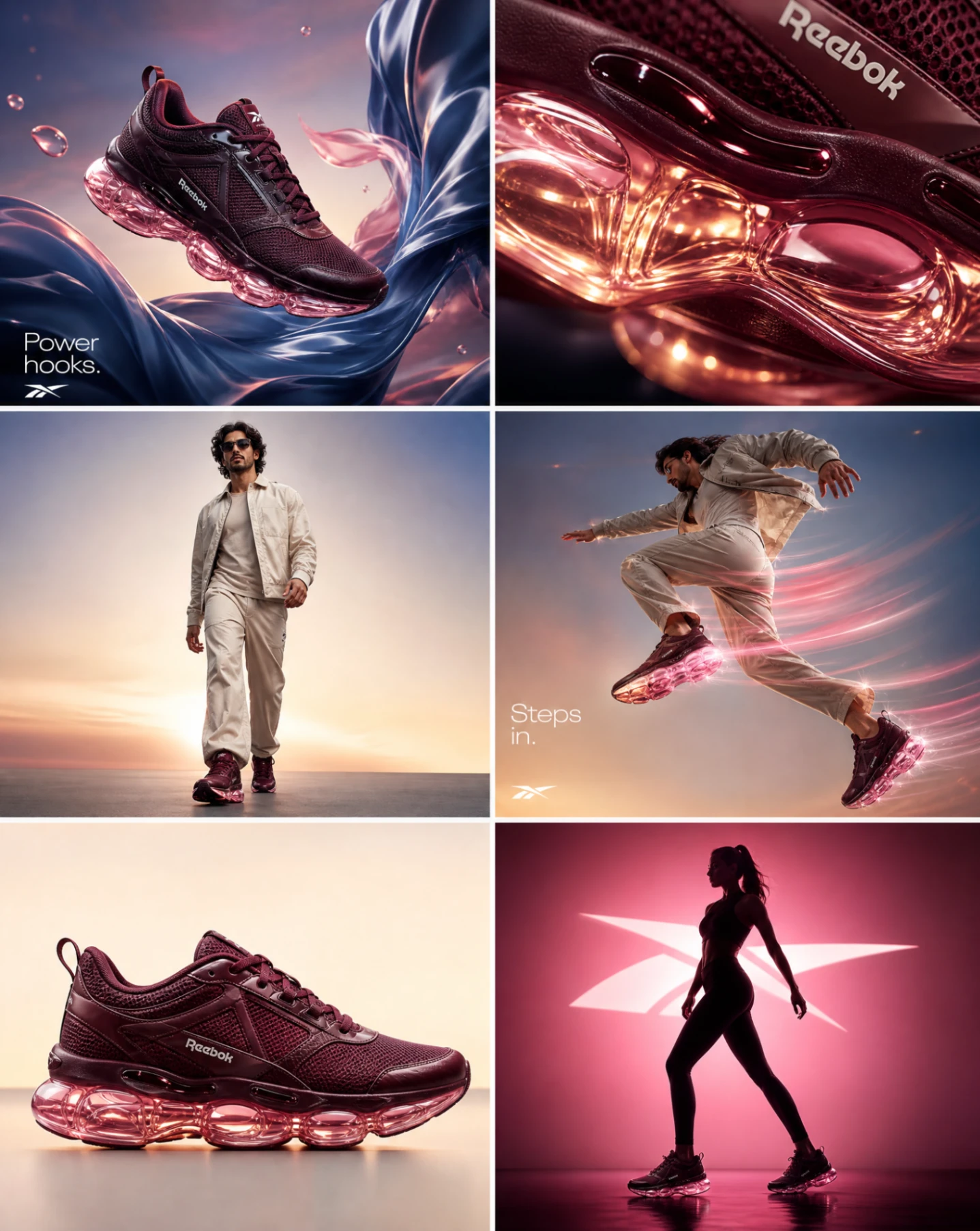 GPT Image 2 generated Reebok Sharp Groves 6-frame grid campaign poster deep berry and rose tones