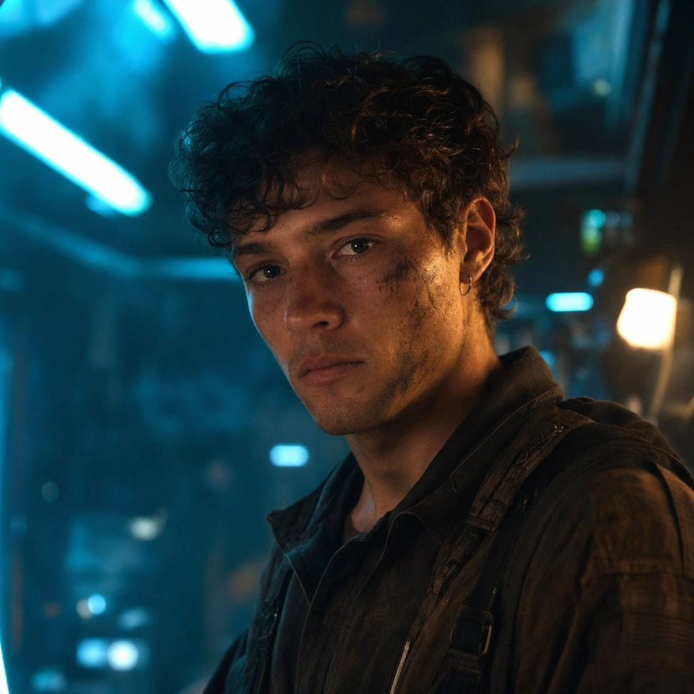 GPT Image 2 cinematic portrait generated from a prompt of a sci-fi mechanic in a neon garage